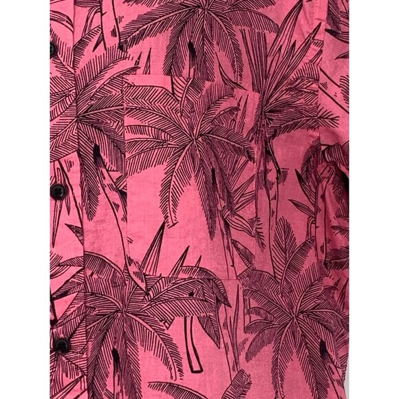 H&M L.O.G.G. Mens Pink Palm Large L Button-Up Shirt Linen Collar Tropical EUC - Picture 3 of 7